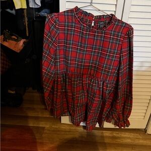 SHEIN Red Green Plaid Peplum Top